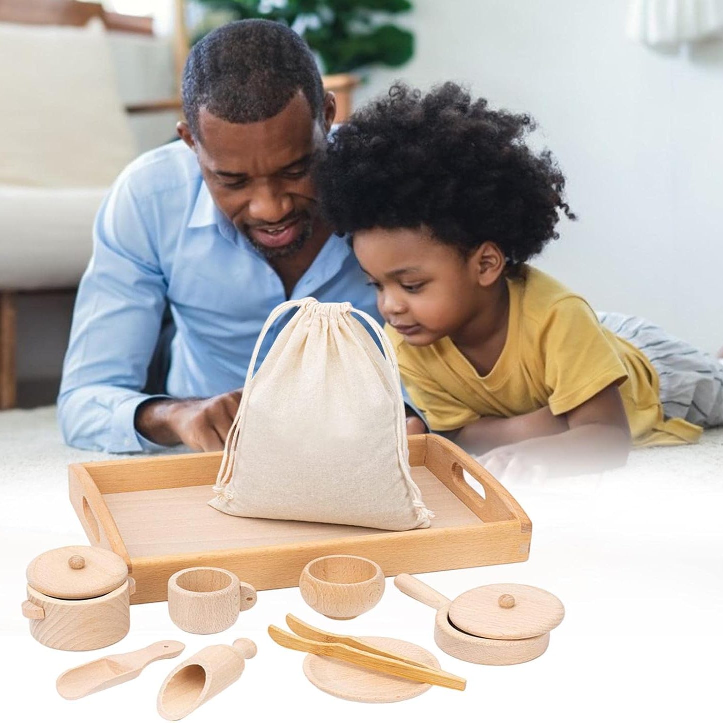 Pretend Play Kitchen Made of Natural Wood, Realistic Simulation, Develops Sensory Skills, Safe for Ages 3+
