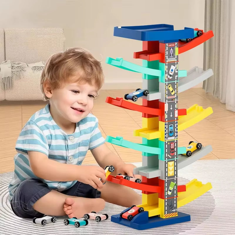 Ramp Car Toy, Zigzag Slide with Rooftop Parking, Color Recognition & Motor Skill Development, Safe for Ages 3+