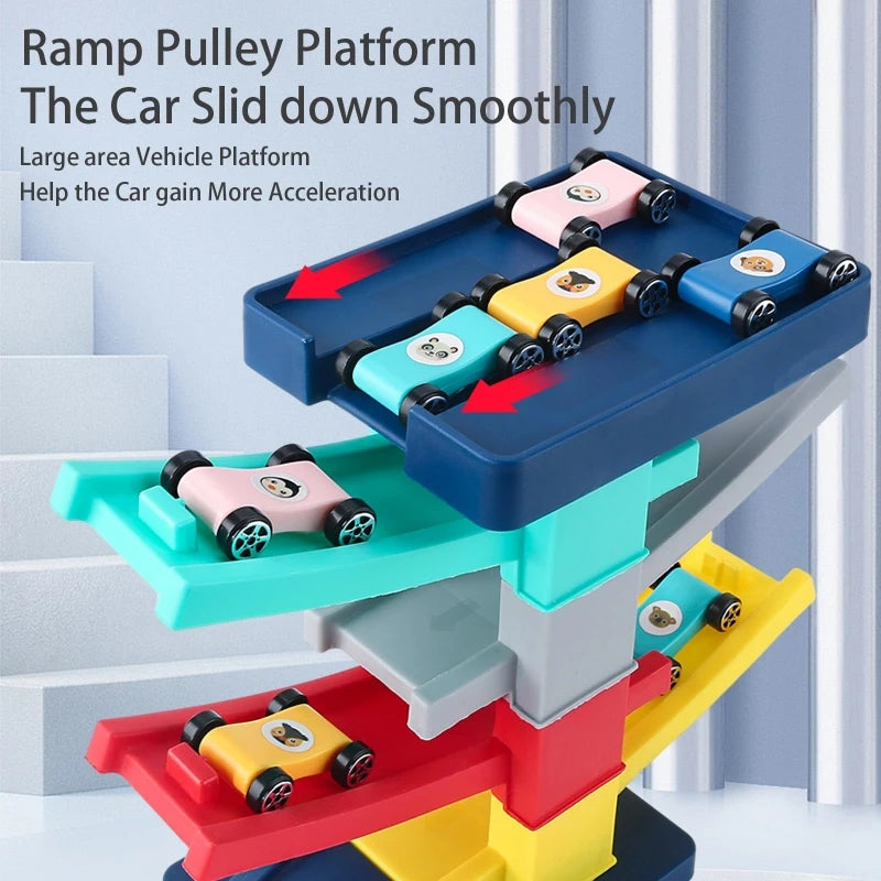 Ramp Car Toy, Zigzag Slide with Rooftop Parking, Color Recognition & Motor Skill Development, Safe for Ages 3+