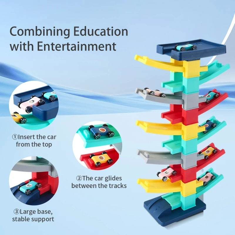 Ramp Car Toy, Zigzag Slide with Rooftop Parking, Color Recognition & Motor Skill Development, Safe for Ages 3+