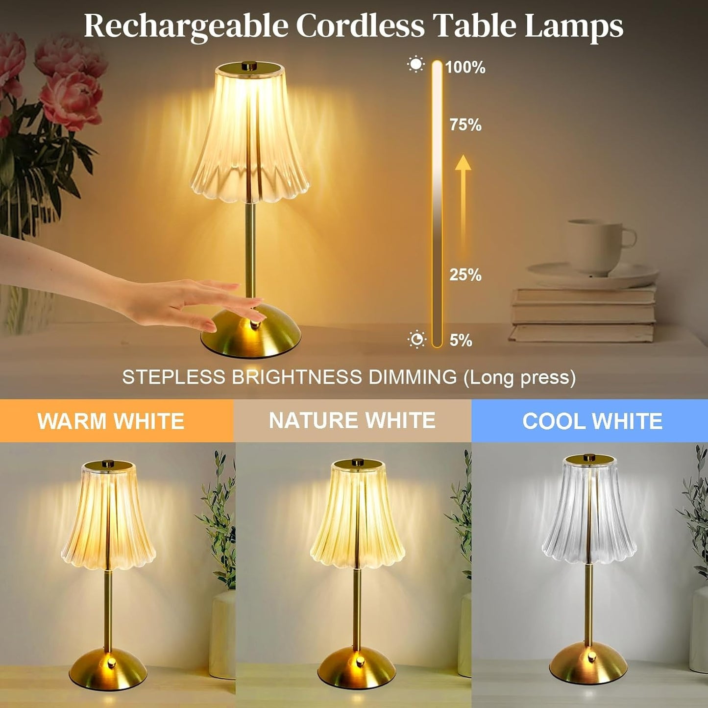 Rechargeable LED Table Lamp – Cordless Touch, Stepless Brightness Adjustment, Memory Function