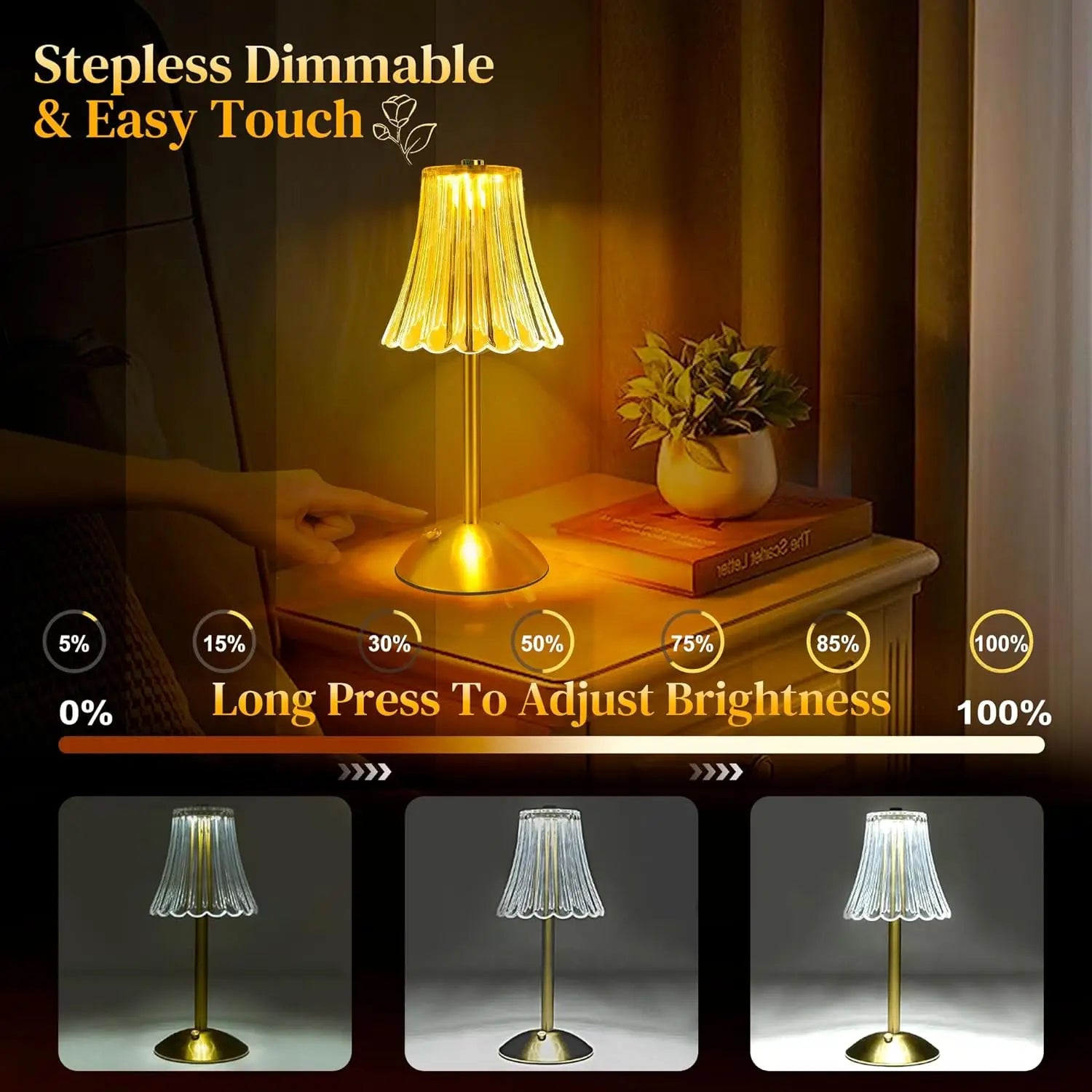 Rechargeable LED Table Lamp – Cordless Touch, Stepless Brightness Adjustment, Memory Function