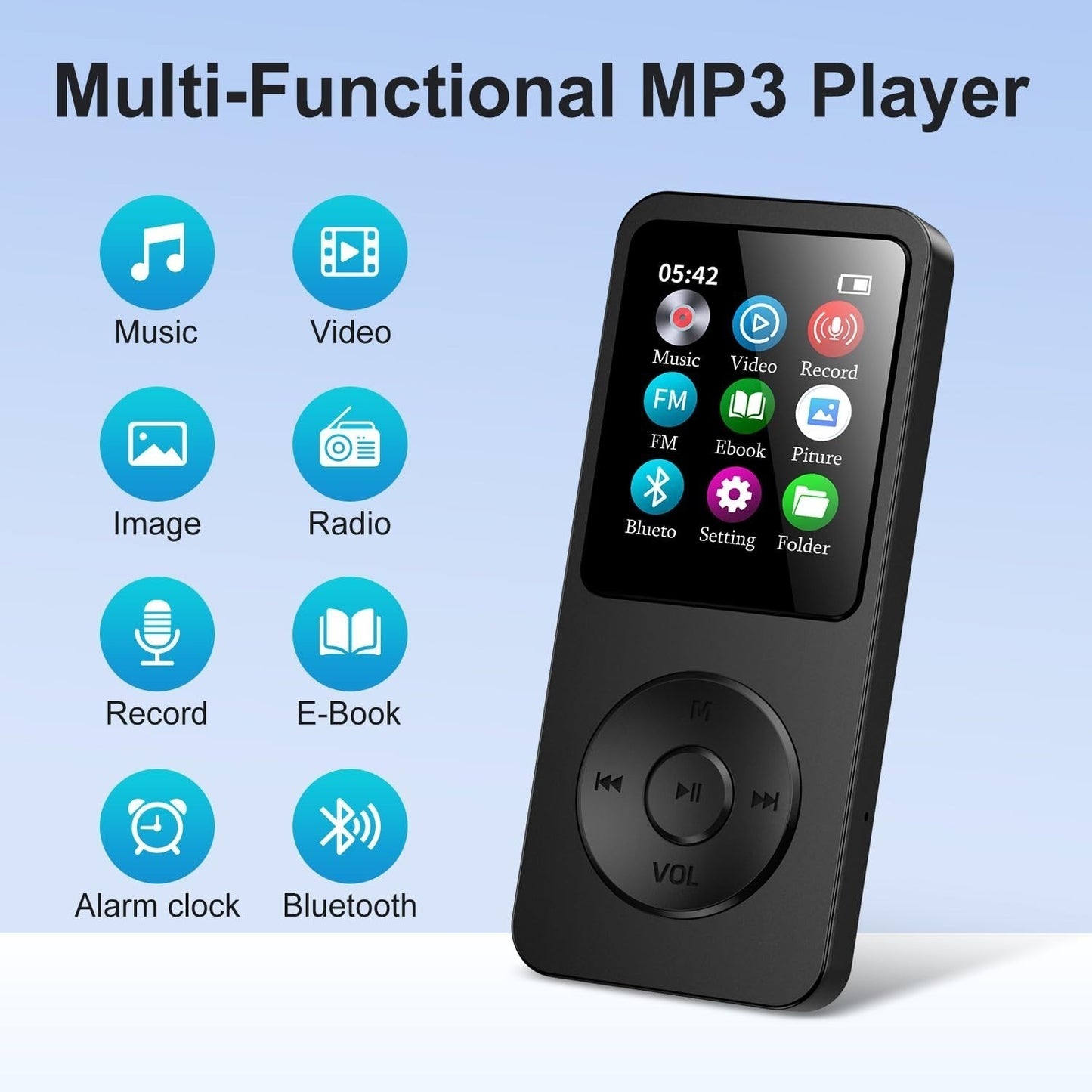 Rechargeable MP3 Player with Bluetooth 4.0, Voice Recorder, Support 128GB Storage
