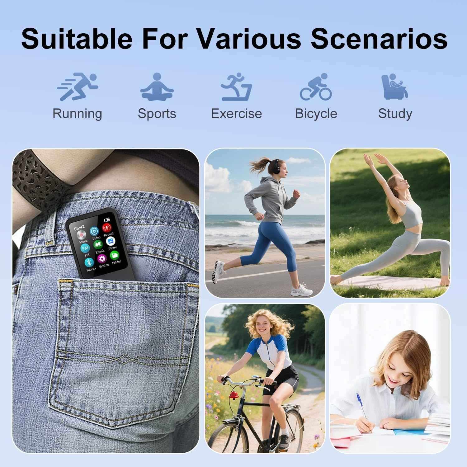 Rechargeable MP3 Player with Bluetooth 4.0, Voice Recorder, Support 128GB Storage