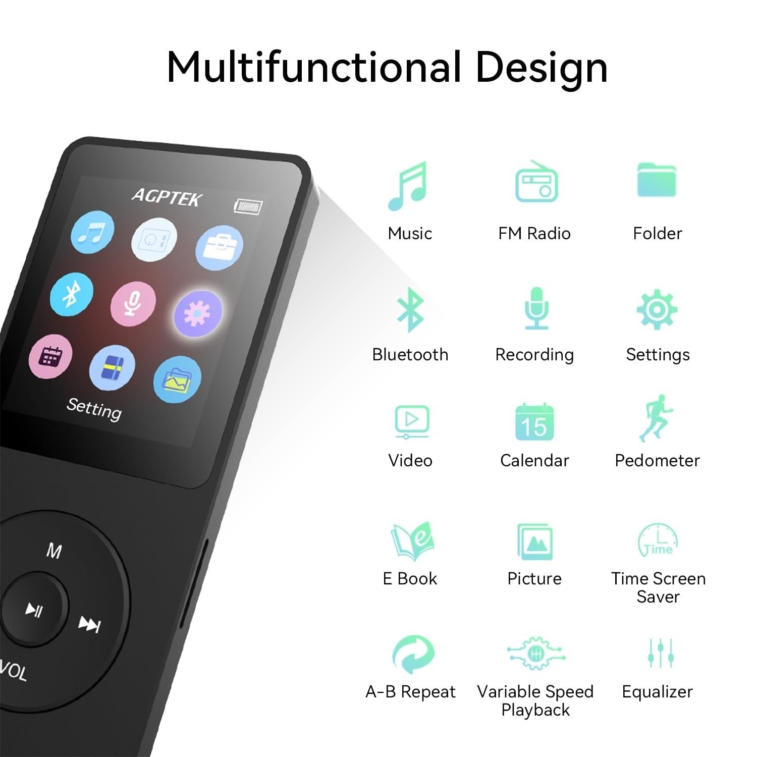 Rechargeable MP3 Player with Bluetooth 4.0, Voice Recorder, Support 128GB Storage