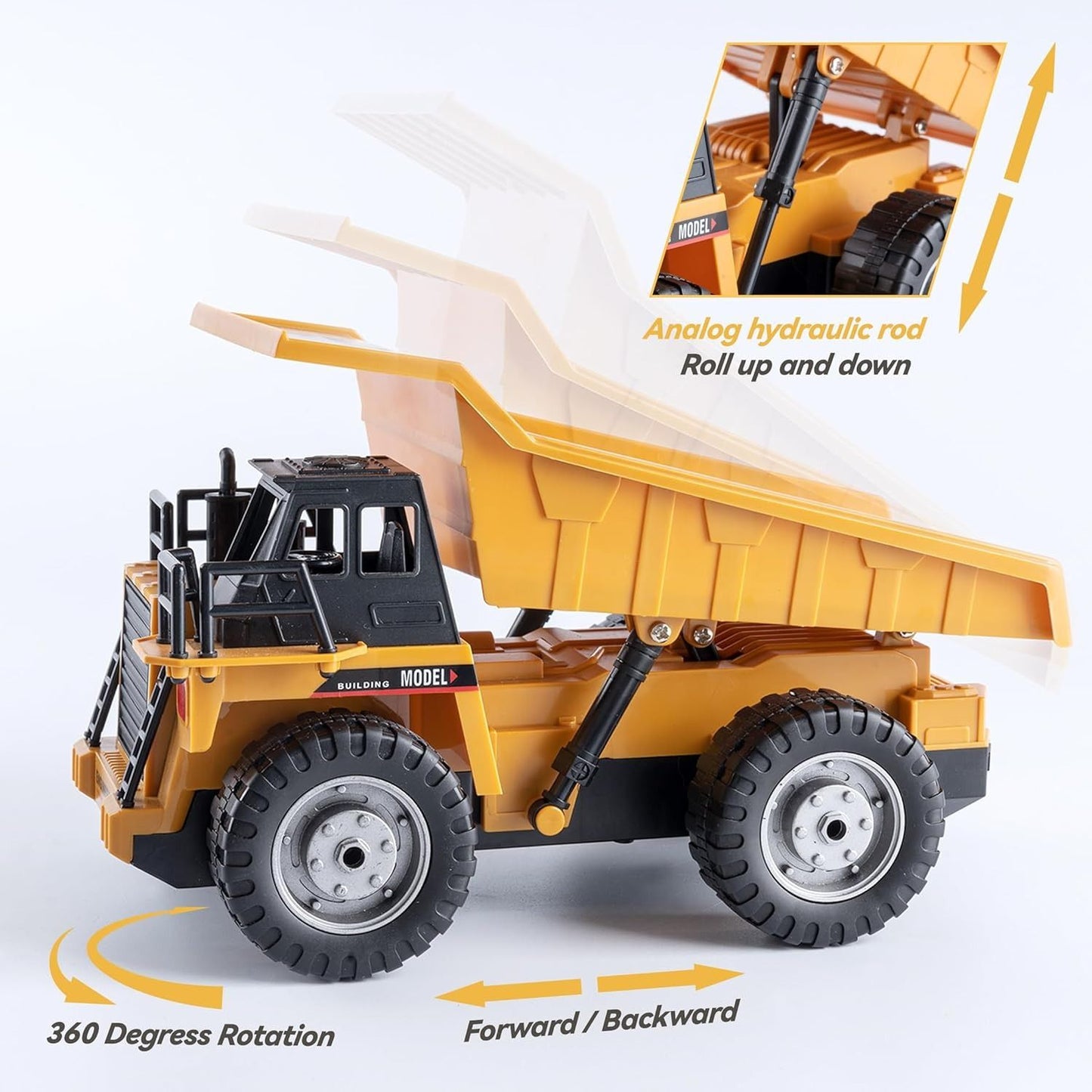 Remote Control Excavator Dump Truck, 360° Rotation, Dump Bed Lifting, All-Terrain Play, Realistic Sound & Lights, Safe for Kids 3+