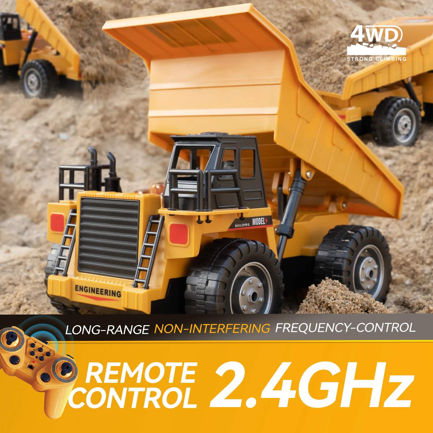 Remote Control Excavator Dump Truck, 360° Rotation, Dump Bed Lifting, All-Terrain Play, Realistic Sound & Lights, Safe for Kids 3+