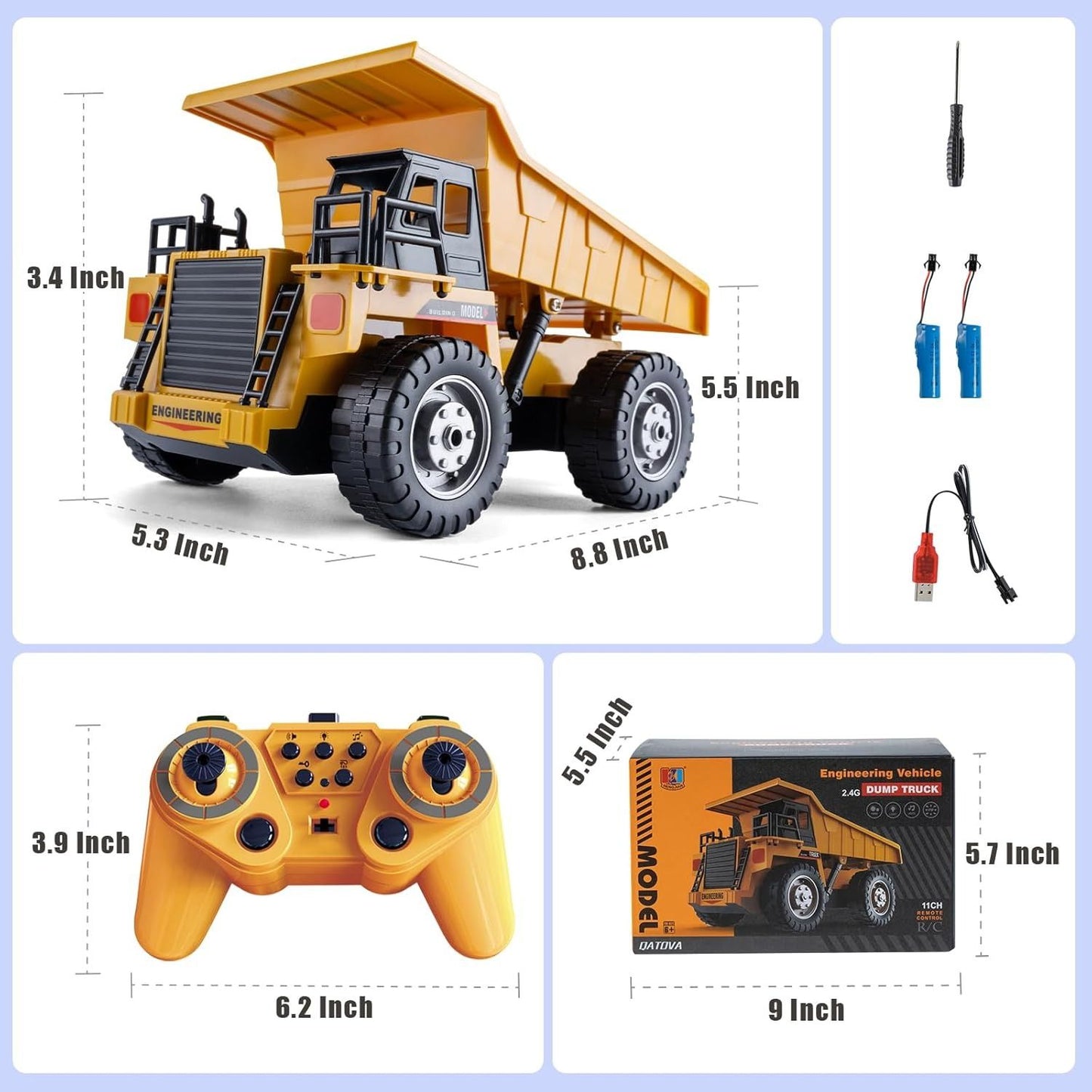 Remote Control Excavator Dump Truck, 360° Rotation, Dump Bed Lifting, All-Terrain Play, Realistic Sound & Lights, Safe for Kids 3+