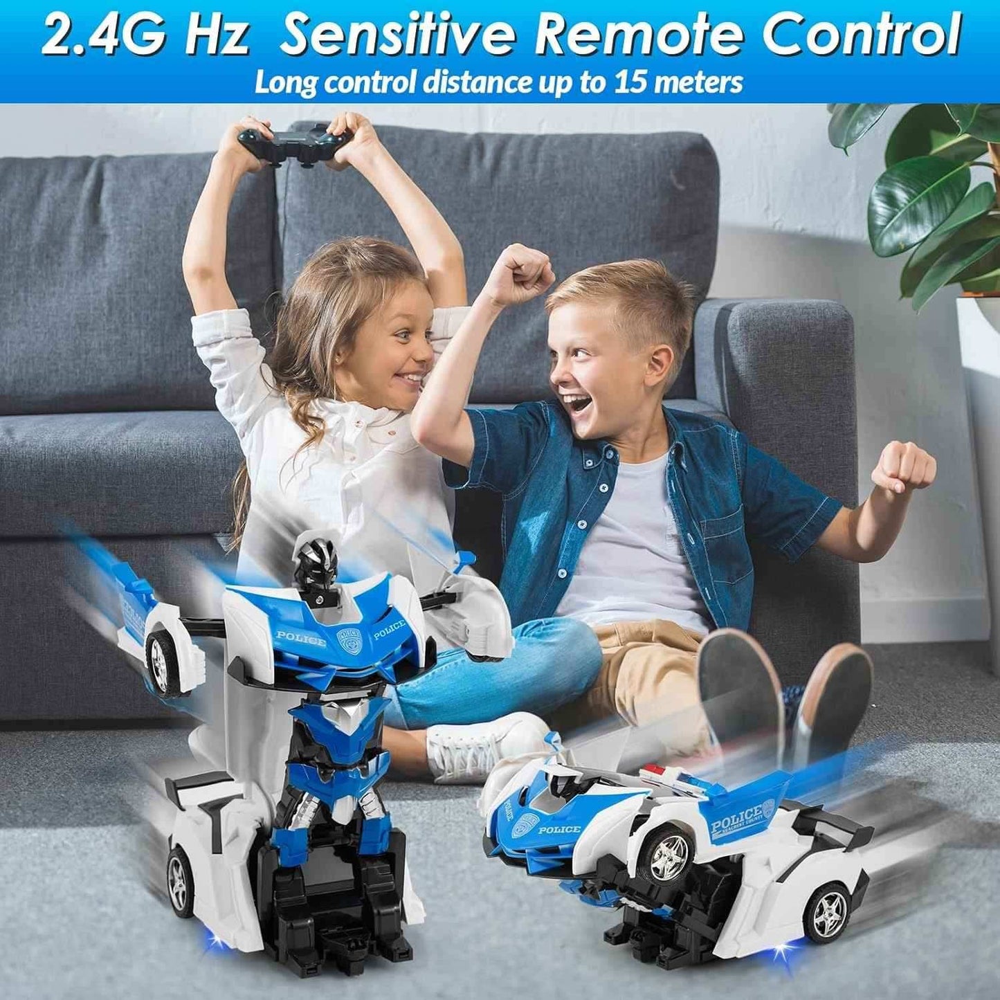 Remote Control Robot Car Transforming Toy with LED Lights, Safe for Ages 3+