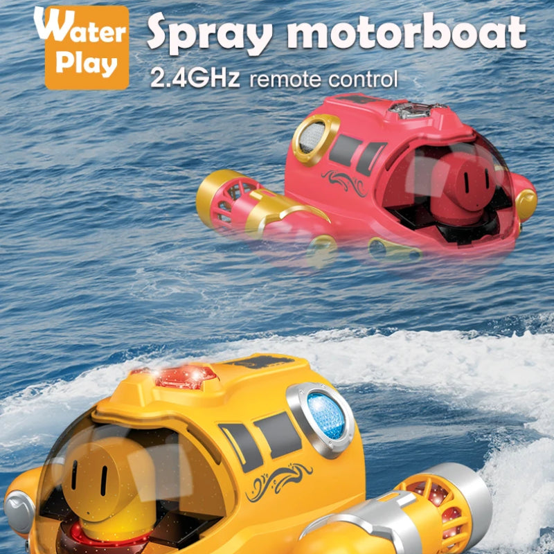 Remote Control Spray Motorboat Toy with Waterproof Design, LED Lights, Safe for Ages 3+