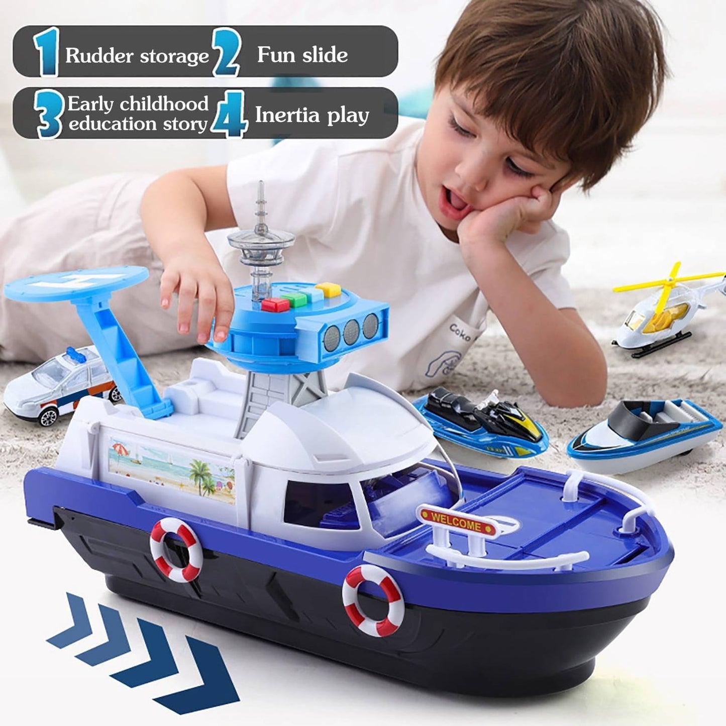 Rescue Boat Toy with Lights and Sounds – Includes Car, Helicopter, and Rescue Boat – Safe for Ages 3+