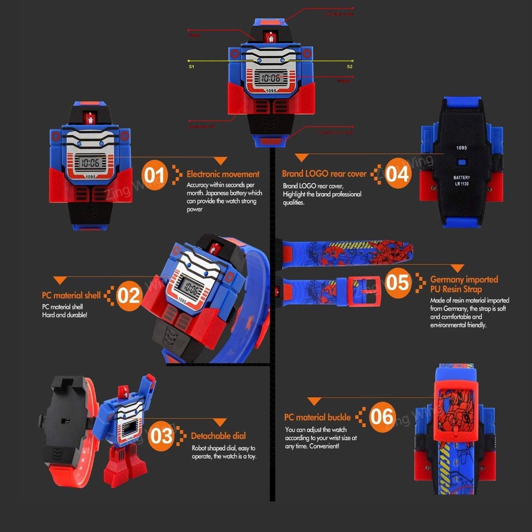 Robot Transformation Digital Watch with Digital Time Display, Premium PU Resin Strap for Kids