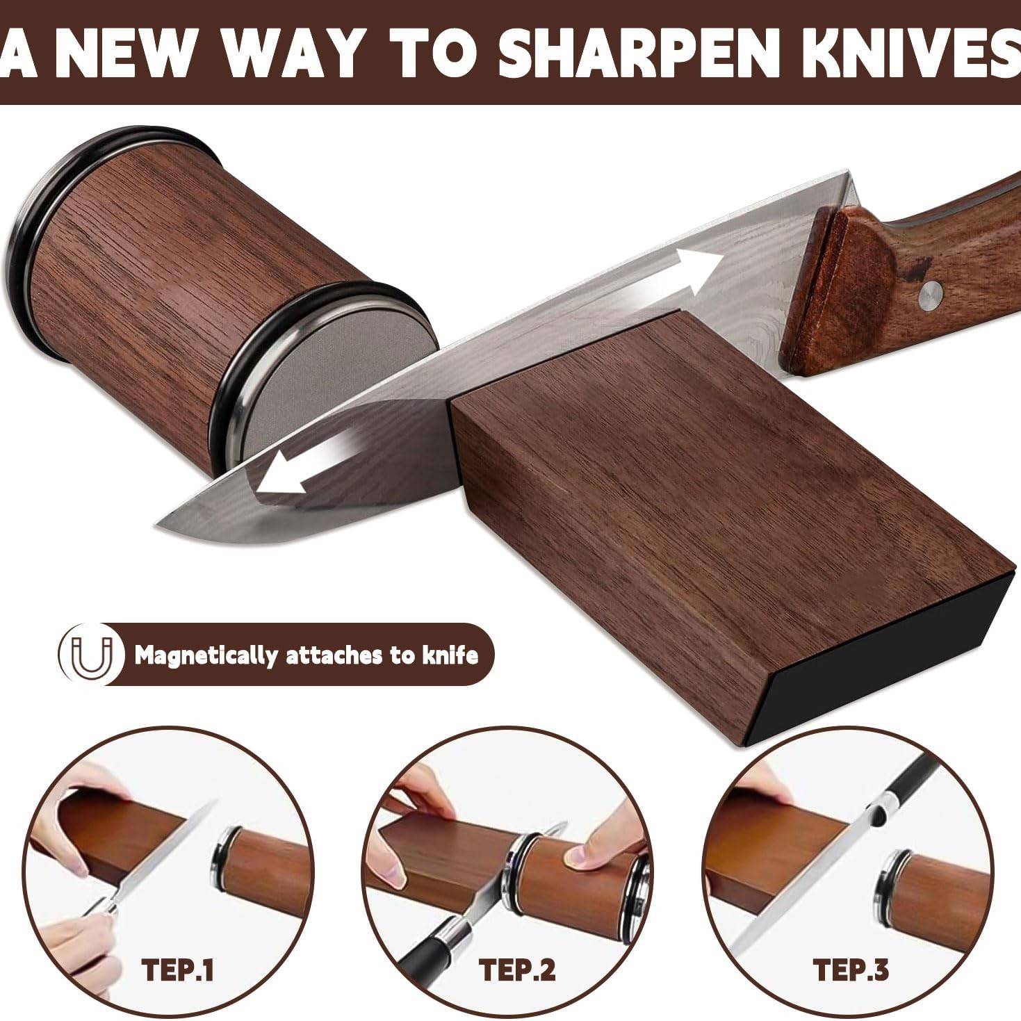 Rolling Knife Sharpener & Magnetic Holder Set – Diamond Sharpening Stone with 15° & 20° Angle Roller for Effortless Blade Perfection
