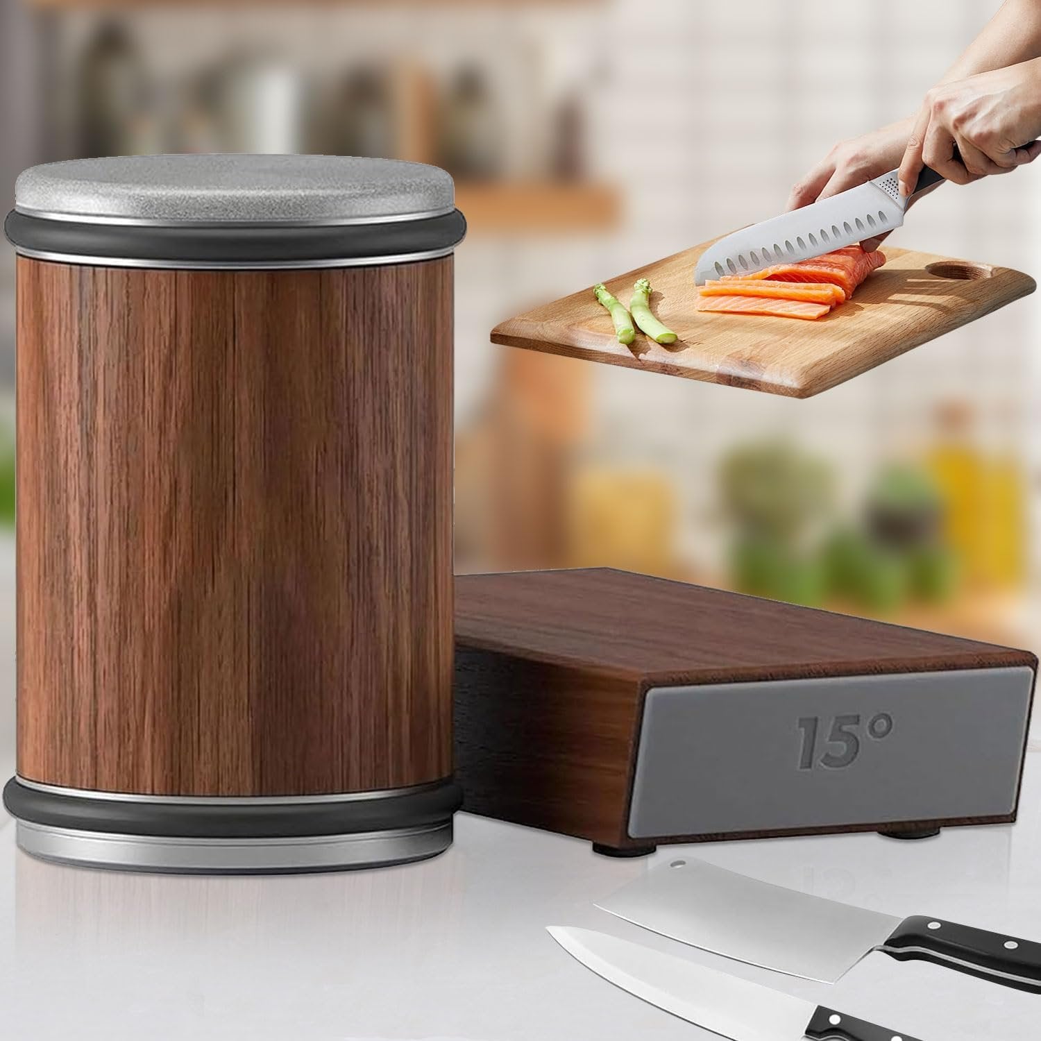 Rolling Knife Sharpener & Magnetic Holder Set – Diamond Sharpening Stone with 15° & 20° Angle Roller for Effortless Blade Perfection