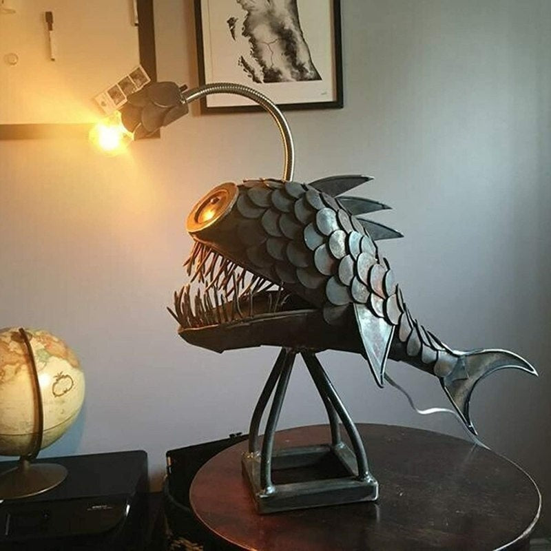 Rustic Usb Angler Fish Lamp, Shark Lamp Steampunk Style Table Lamp, Steampunk Angler Fish Lamp, Anglerfish Lamp Retro Art Table Lamp