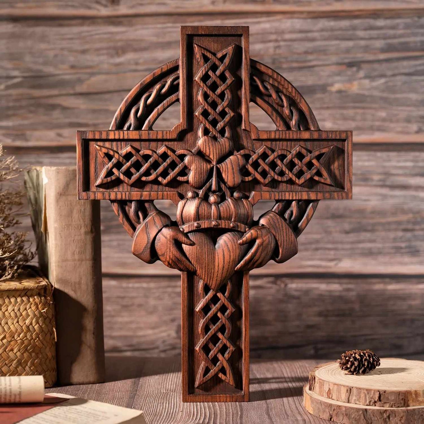 Rustic Claddagh Love Cross Wall Art – Intricate Wooden Celtic Knot Carving for Meaningful Room & Holiday Gift Decor