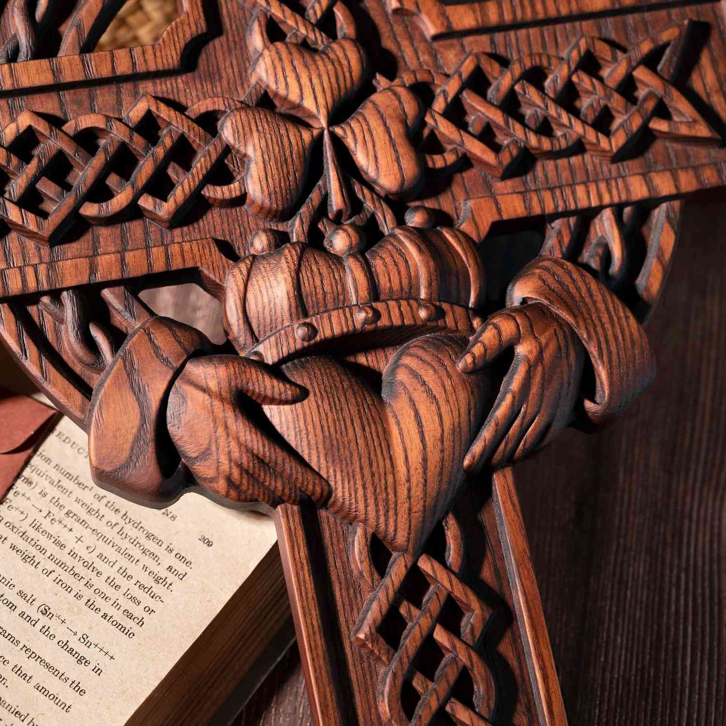 Rustic Claddagh Love Cross Wall Art – Intricate Wooden Celtic Knot Carving for Meaningful Room & Holiday Gift Decor