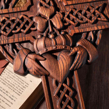 Rustic Claddagh Love Cross Wall Art – Intricate Wooden Celtic Knot Carving for Meaningful Room & Holiday Gift Decor