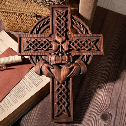 Rustic Claddagh Love Cross Wall Art – Intricate Wooden Celtic Knot Carving for Meaningful Room & Holiday Gift Decor
