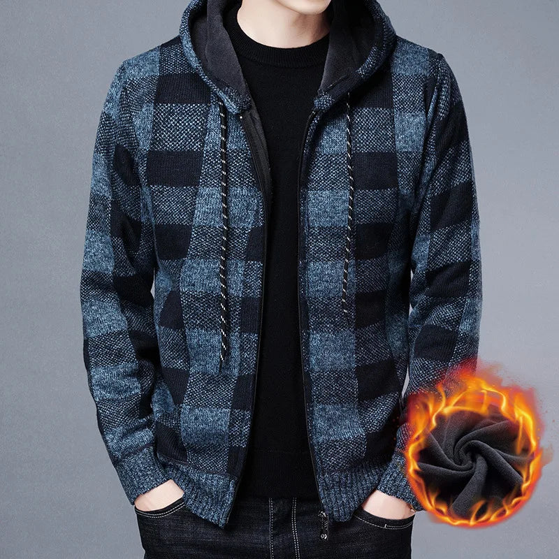 Men'S Checkered Fleece Hooded Knit Jacket