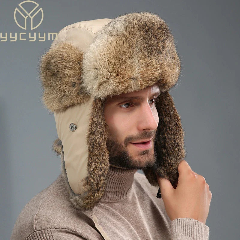 Unisex Windproof Real Rabbit Fur Bomber Hat
