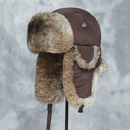 Unisex Windproof Real Rabbit Fur Bomber Hat
