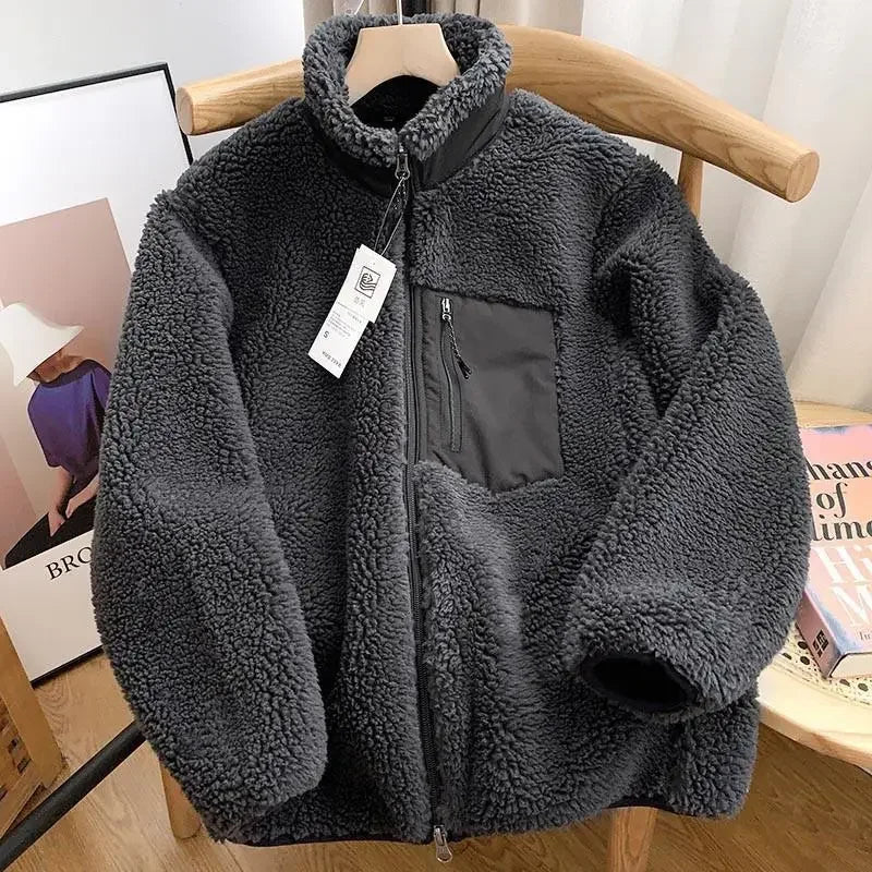Unisex Fleece Stand Neck Jacket Zipper Coat