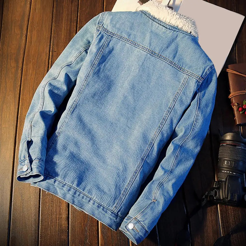 Men'S Thicken Denim Winter Jacket With Plush Lining