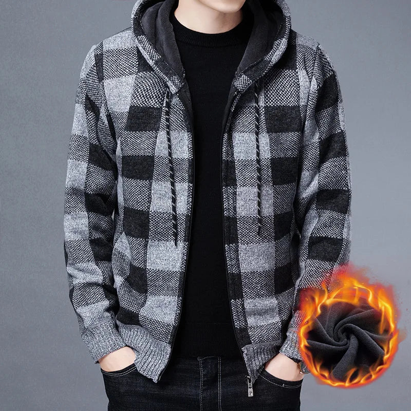 Men'S Checkered Fleece Hooded Knit Jacket