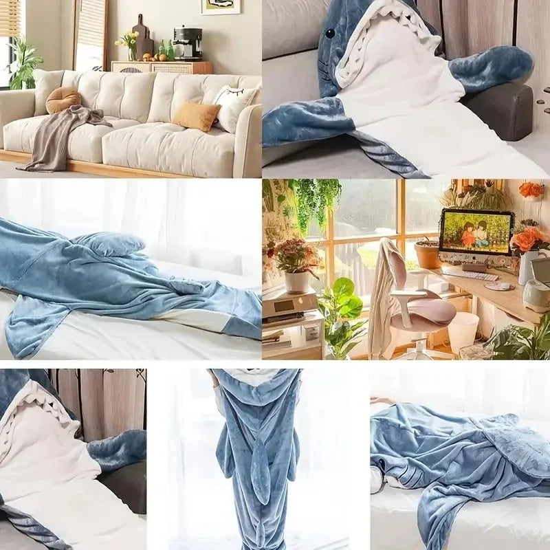 Wearable Flannel Shark Blanket Poncho For Women