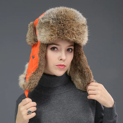 Unisex Windproof Real Rabbit Fur Bomber Hat