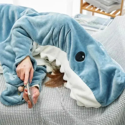 Wearable Flannel Shark Blanket Poncho For Women