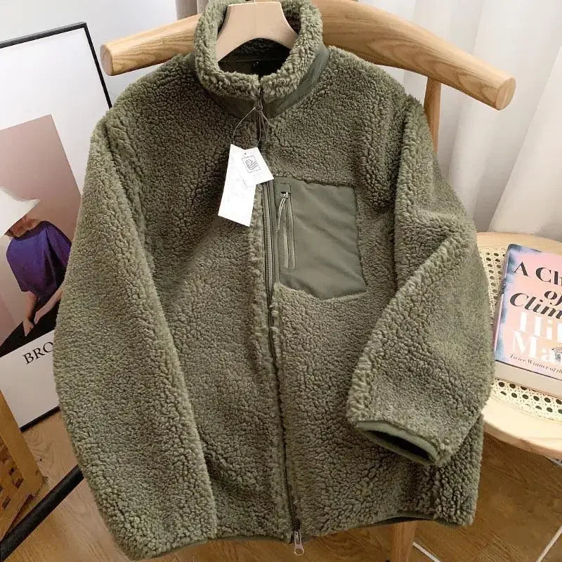 Unisex Fleece Stand Neck Jacket Zipper Coat