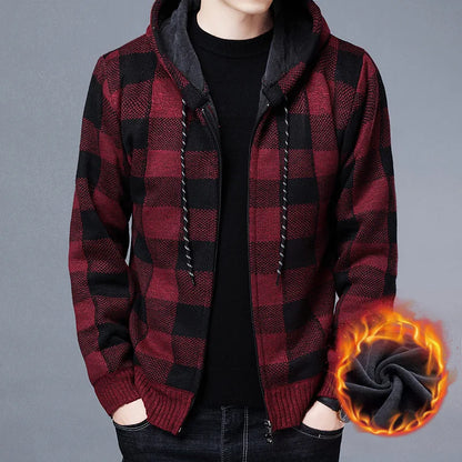 Men'S Checkered Fleece Hooded Knit Jacket
