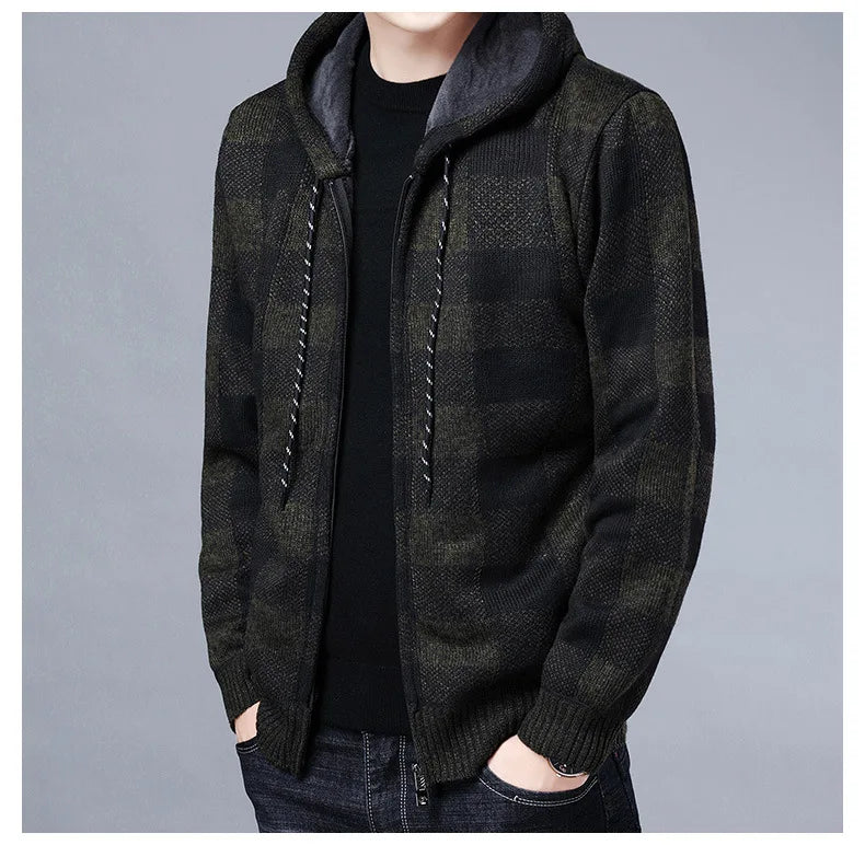 Men'S Checkered Fleece Hooded Knit Jacket