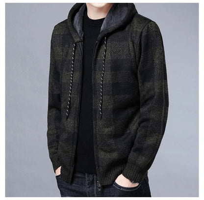 Men'S Checkered Fleece Hooded Knit Jacket