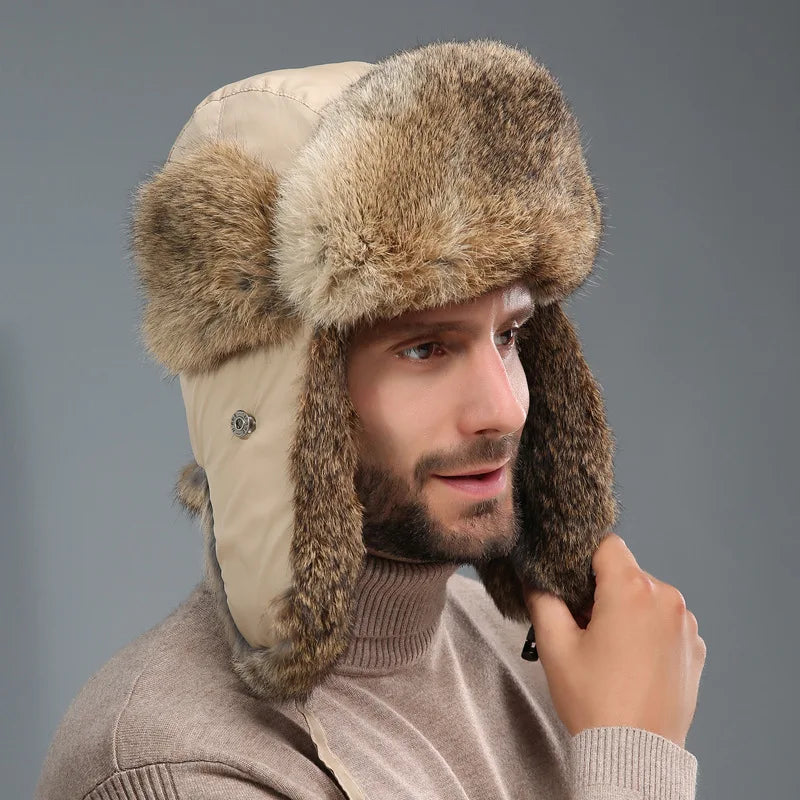 Unisex Windproof Real Rabbit Fur Bomber Hat