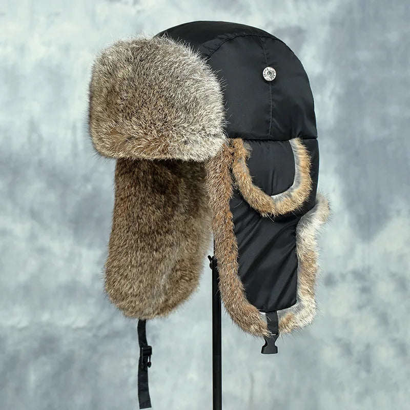 Unisex Windproof Real Rabbit Fur Bomber Hat