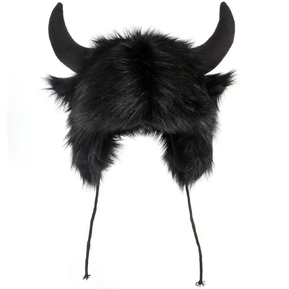 Fluffy Unisex Bullhead Bomber Hat With Horns