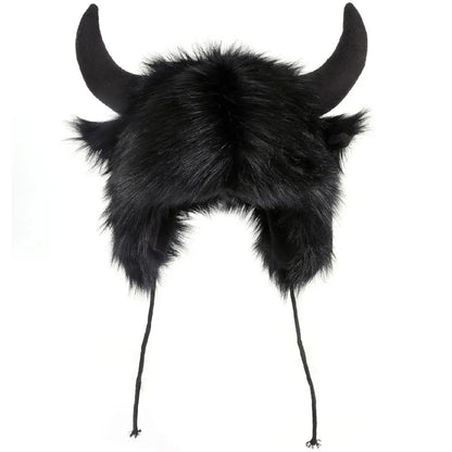 Fluffy Unisex Bullhead Bomber Hat With Horns