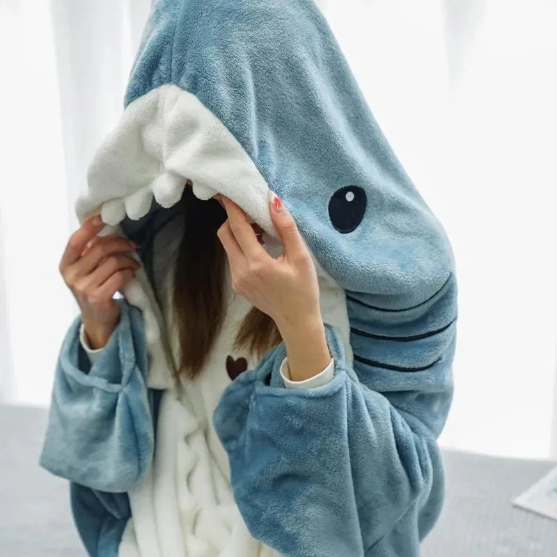Wearable Flannel Shark Blanket Poncho For Women