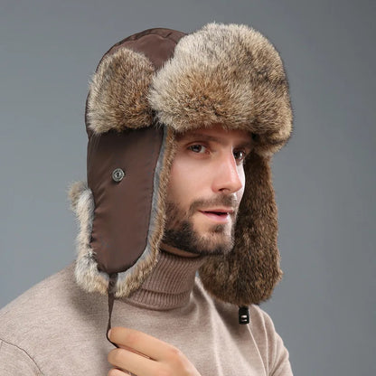 Unisex Windproof Real Rabbit Fur Bomber Hat