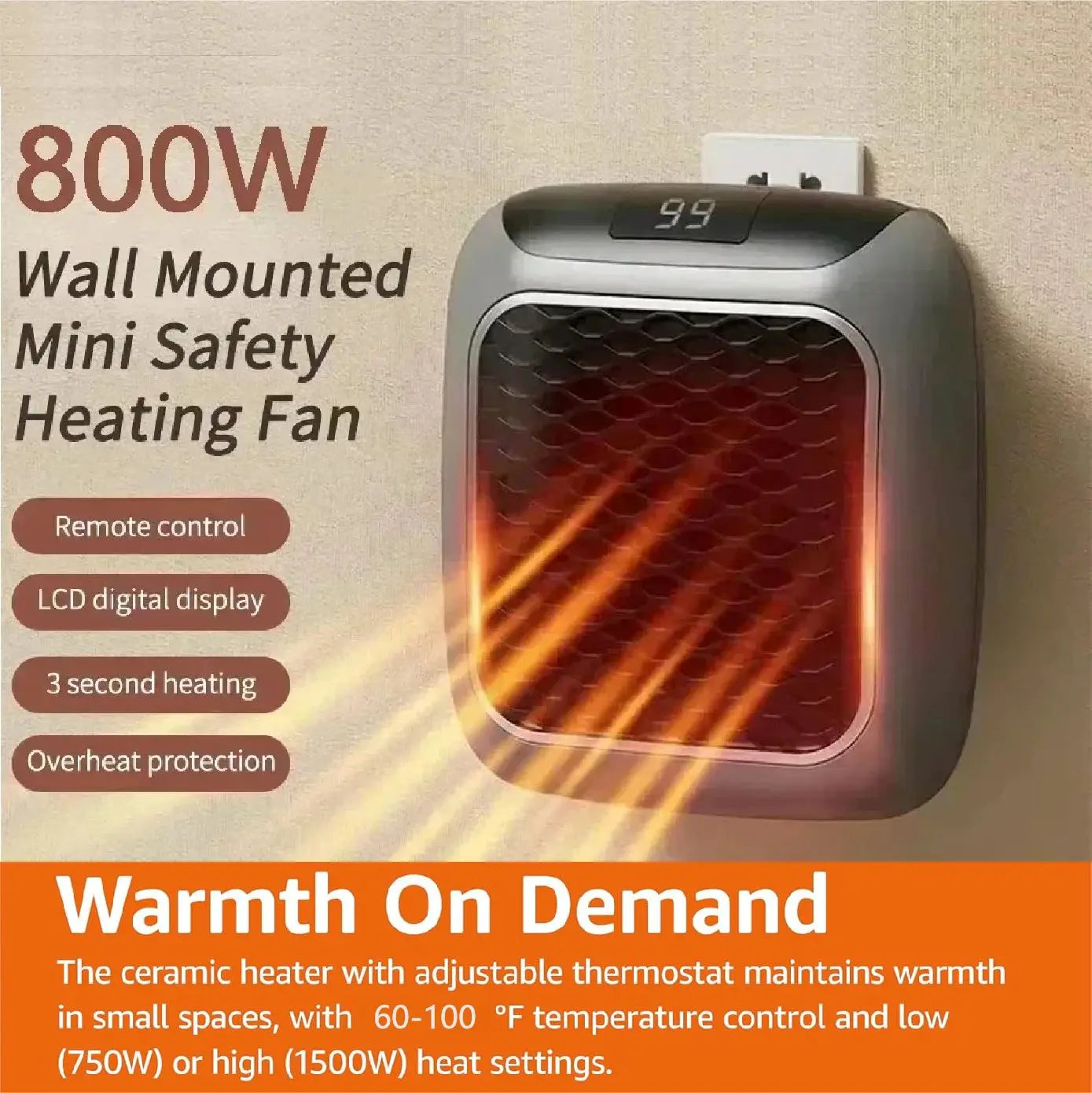 Wall Mounted Mini Ceramic Electric Heater With Remote