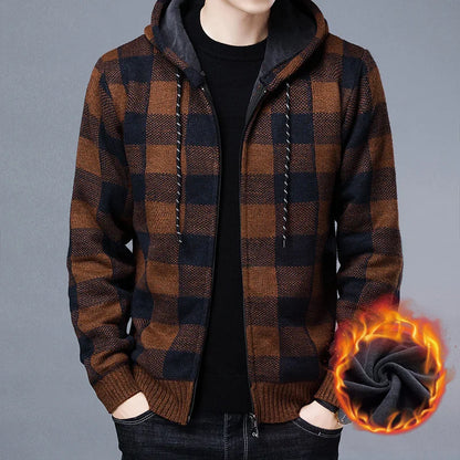 Men'S Checkered Fleece Hooded Knit Jacket
