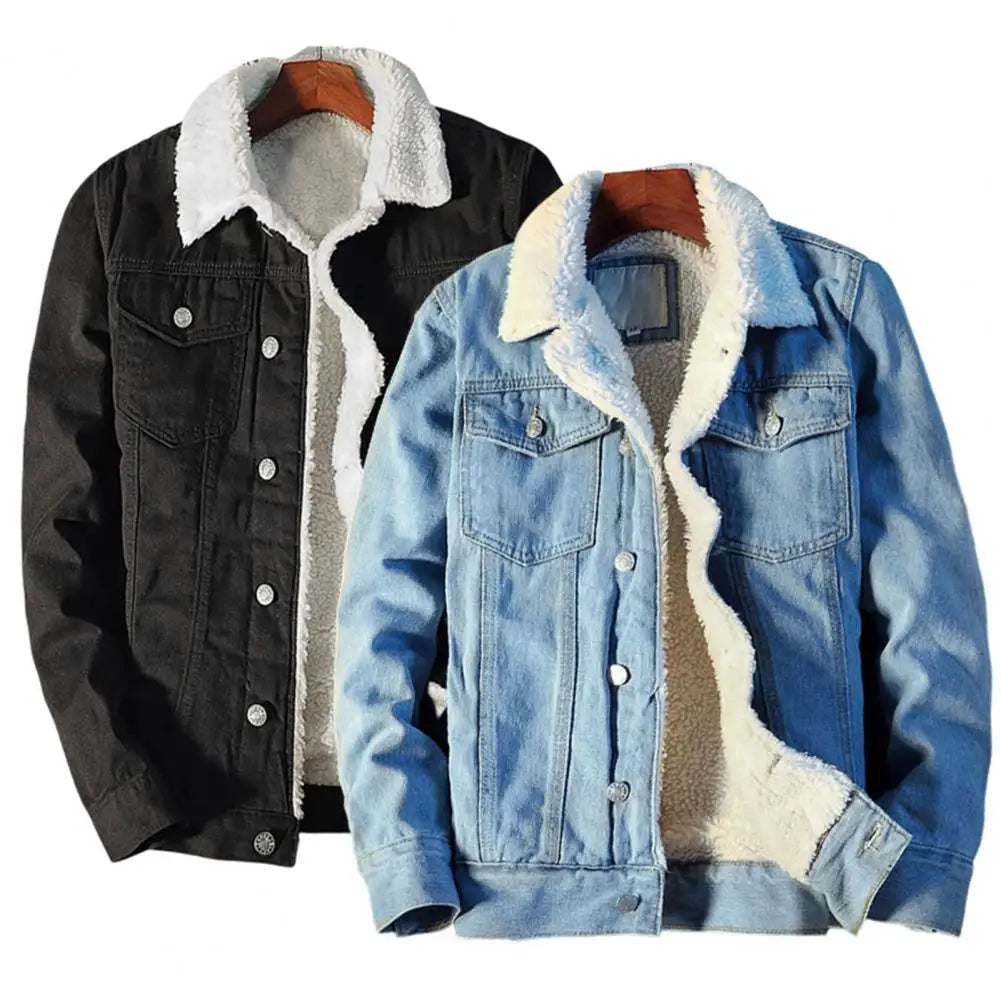 Men'S Thicken Denim Winter Jacket With Plush Lining