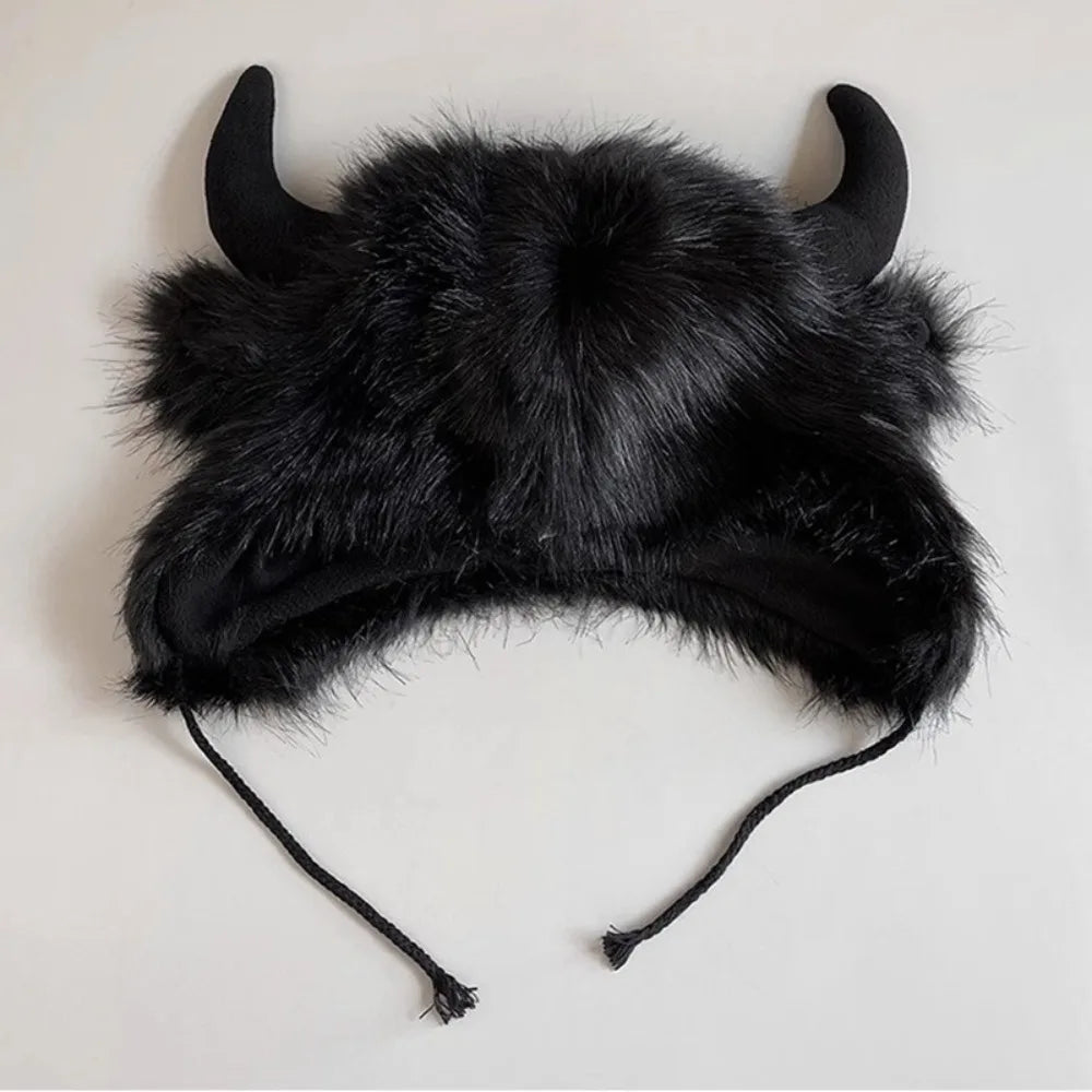 Fluffy Unisex Bullhead Bomber Hat With Horns