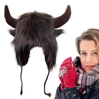 Fluffy Unisex Bullhead Bomber Hat With Horns