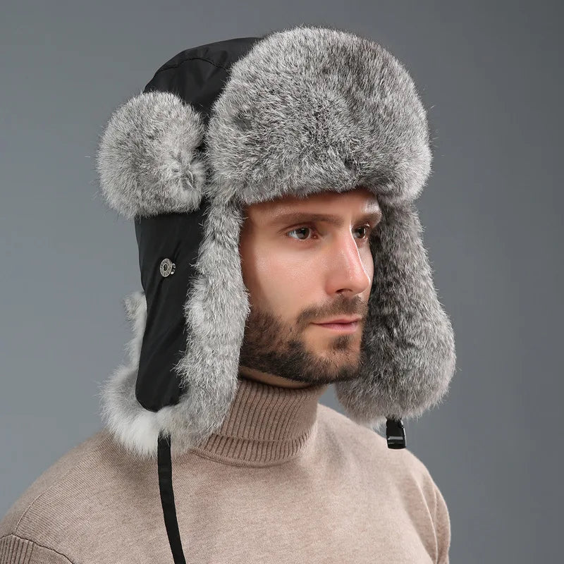 Unisex Windproof Real Rabbit Fur Bomber Hat