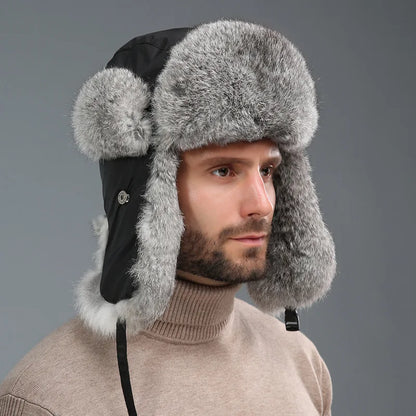 Unisex Windproof Real Rabbit Fur Bomber Hat