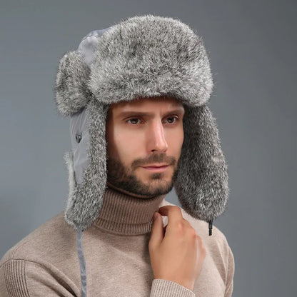 Unisex Windproof Real Rabbit Fur Bomber Hat